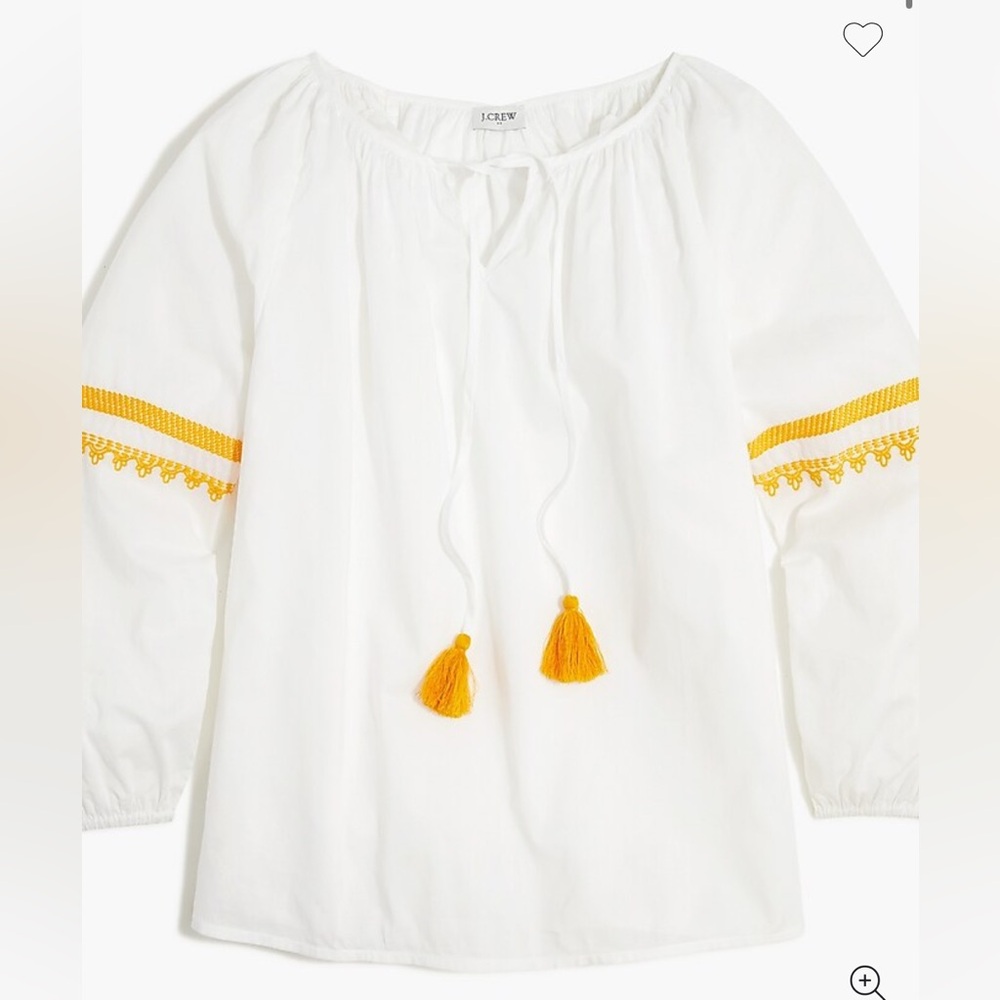 J Crew Factory white cotton peasant top with embroidered trim and tassels